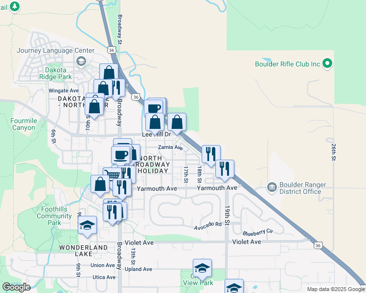 map of restaurants, bars, coffee shops, grocery stores, and more near 1641 Zamia Avenue in Boulder