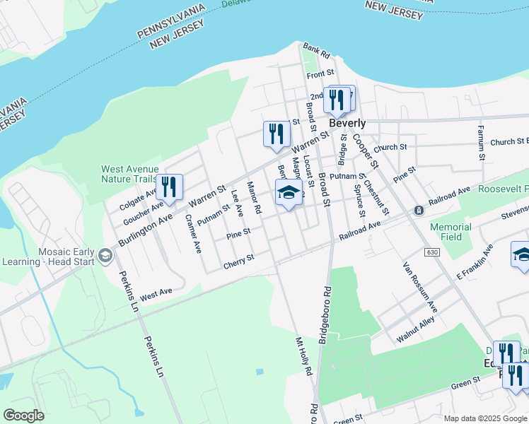 map of restaurants, bars, coffee shops, grocery stores, and more near 533 Manor Road in Beverly