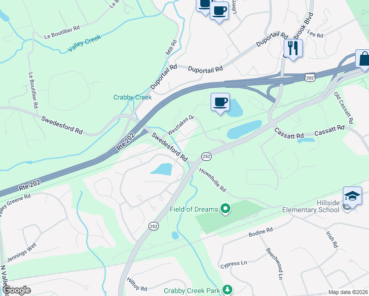 map of restaurants, bars, coffee shops, grocery stores, and more near 153 Daylesford Boulevard in Berwyn
