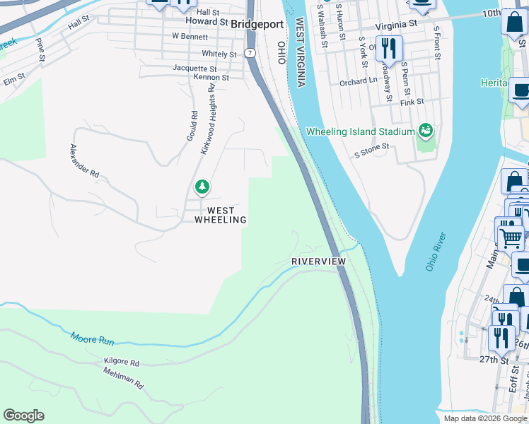 map of restaurants, bars, coffee shops, grocery stores, and more near 57659 Moores Run Road in Bellaire