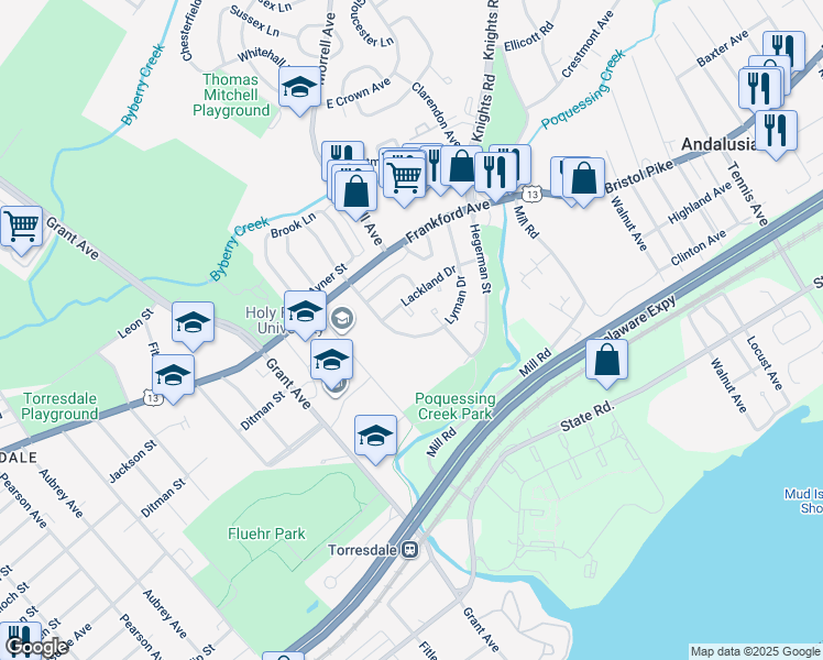 map of restaurants, bars, coffee shops, grocery stores, and more near 4227 Carteret Drive in Philadelphia