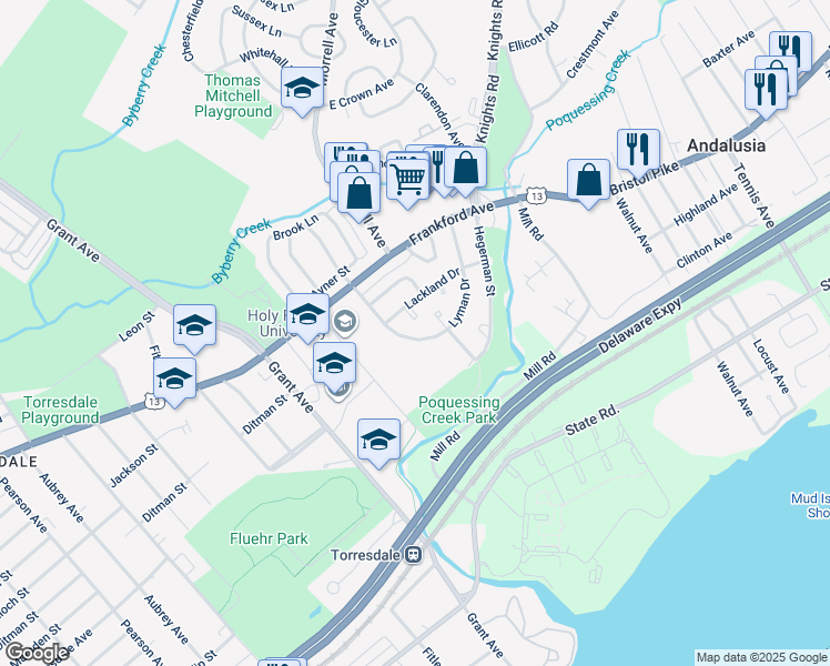 map of restaurants, bars, coffee shops, grocery stores, and more near 4227 Carteret Drive in Philadelphia