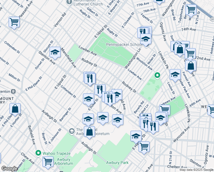 map of restaurants, bars, coffee shops, grocery stores, and more near 1419 Washington Lane in Philadelphia