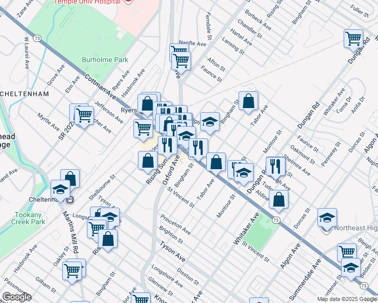 map of restaurants, bars, coffee shops, grocery stores, and more near 1024 Cottman Avenue in Philadelphia