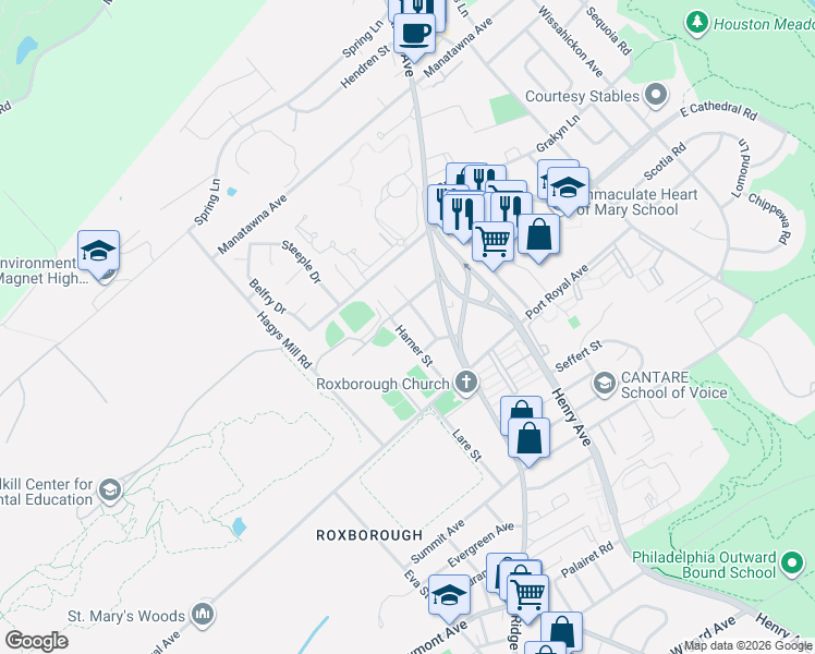 map of restaurants, bars, coffee shops, grocery stores, and more near 700 Ivins Road in Philadelphia