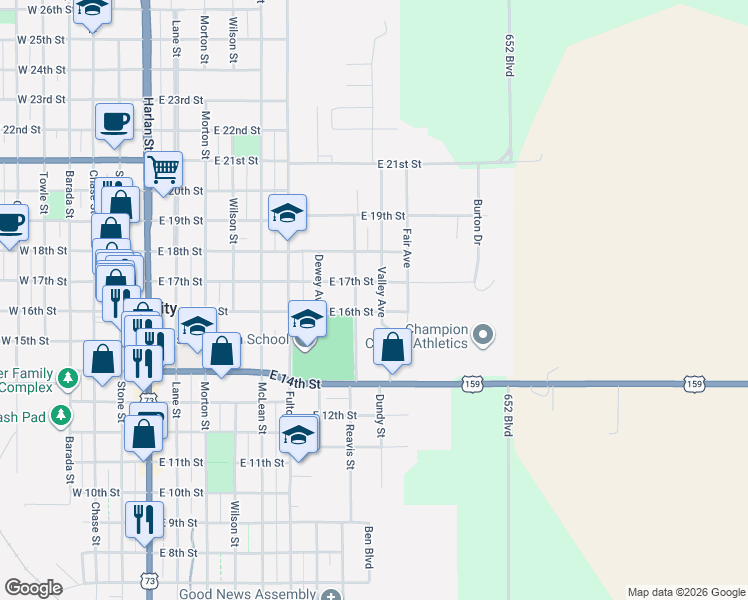 map of restaurants, bars, coffee shops, grocery stores, and more near 1449-1599 Valley Avenue in Falls City