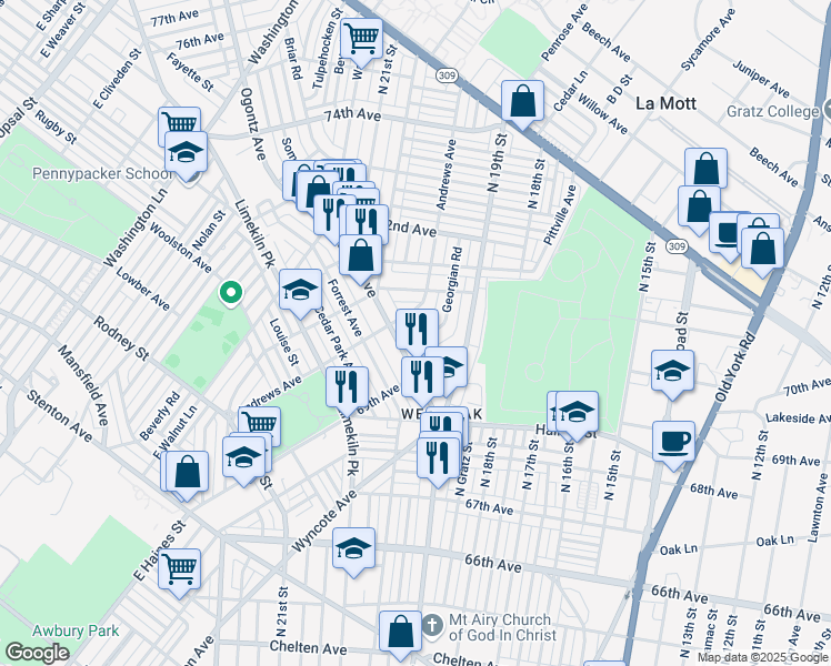 map of restaurants, bars, coffee shops, grocery stores, and more near 1967 Georgian Road in Philadelphia