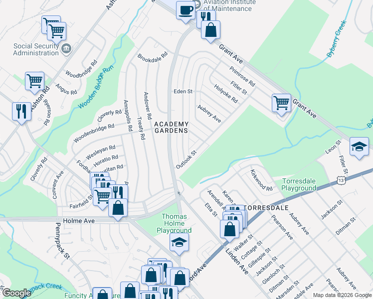 map of restaurants, bars, coffee shops, grocery stores, and more near 9225 Outlook Avenue in Philadelphia