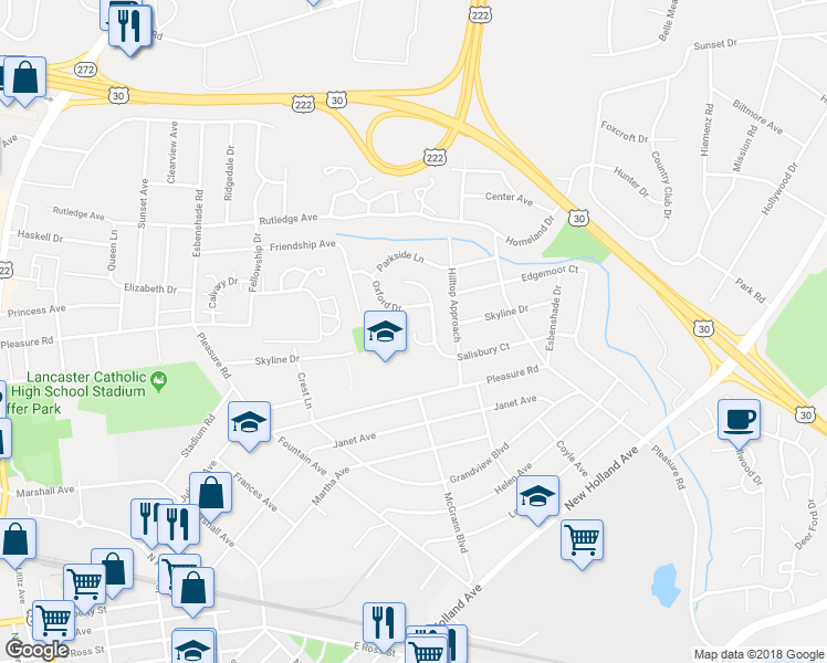 map of restaurants, bars, coffee shops, grocery stores, and more near 876 Salisbury Court in Lancaster