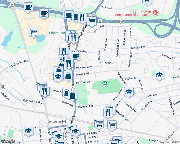 map of restaurants, bars, coffee shops, grocery stores, and more near 1312 Crown Avenue in Lancaster