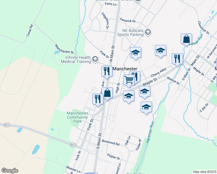 map of restaurants, bars, coffee shops, grocery stores, and more near 51 North Main Street in Manchester