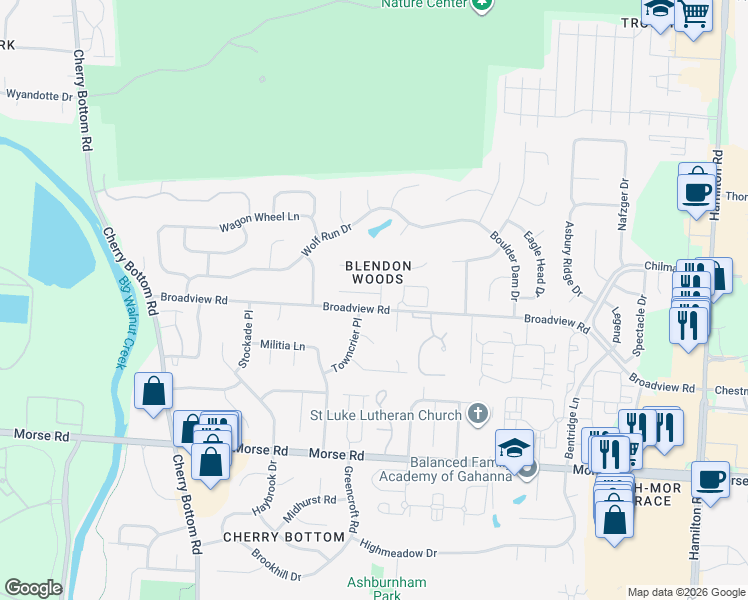 map of restaurants, bars, coffee shops, grocery stores, and more near 4140 Towncrier Place in Columbus