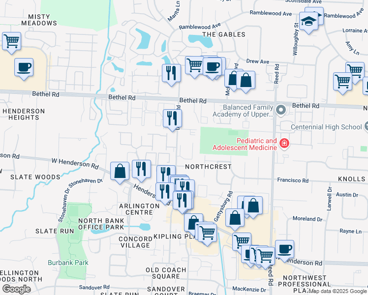 map of restaurants, bars, coffee shops, grocery stores, and more near 2066 Park Run Drive in Columbus