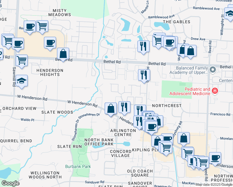 map of restaurants, bars, coffee shops, grocery stores, and more near 5117 Cobblestone Drive in Columbus