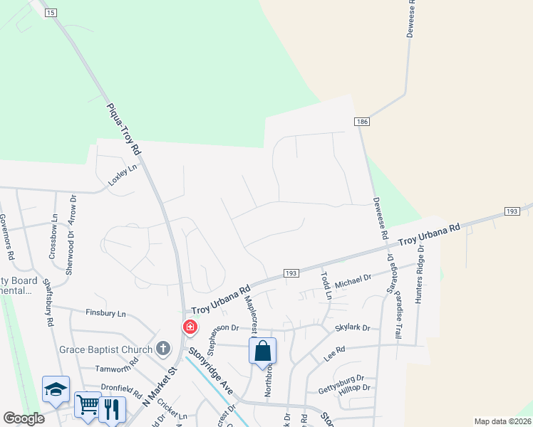 map of restaurants, bars, coffee shops, grocery stores, and more near 1065 Windmill Court in Troy