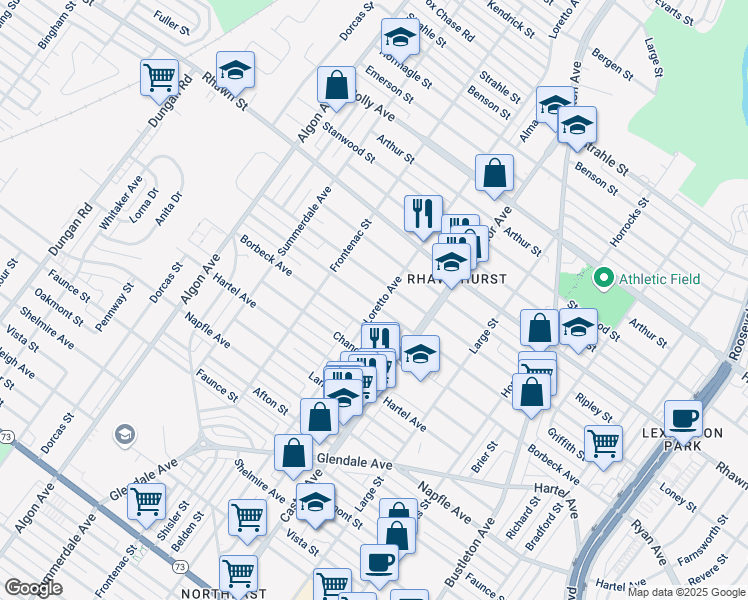 map of restaurants, bars, coffee shops, grocery stores, and more near 7916 Loretto Avenue in Philadelphia