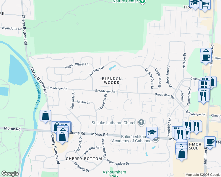map of restaurants, bars, coffee shops, grocery stores, and more near 4140 Towncrier Place in Columbus