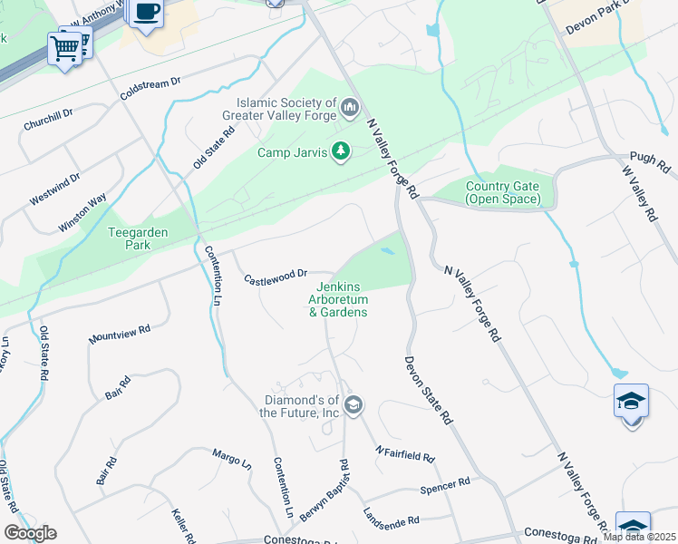 map of restaurants, bars, coffee shops, grocery stores, and more near 631 Berwyn Baptist Road in Devon
