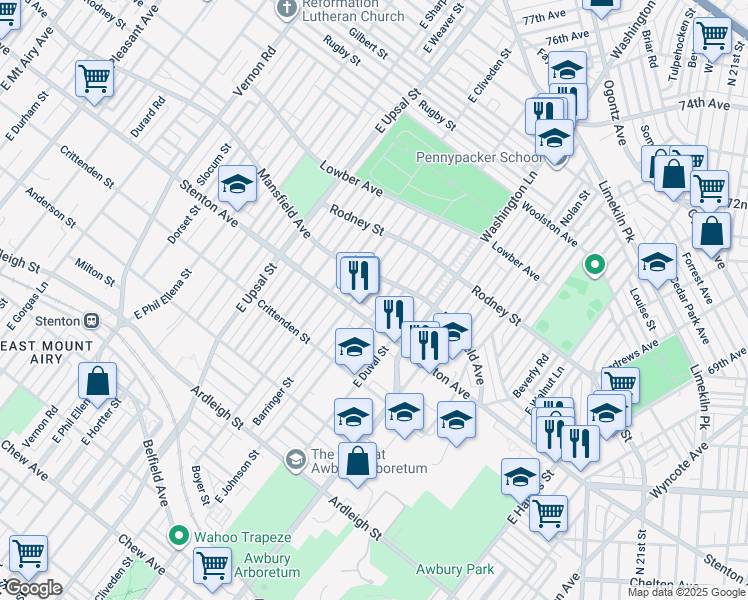 map of restaurants, bars, coffee shops, grocery stores, and more near 1415 East Johnson Street in Philadelphia
