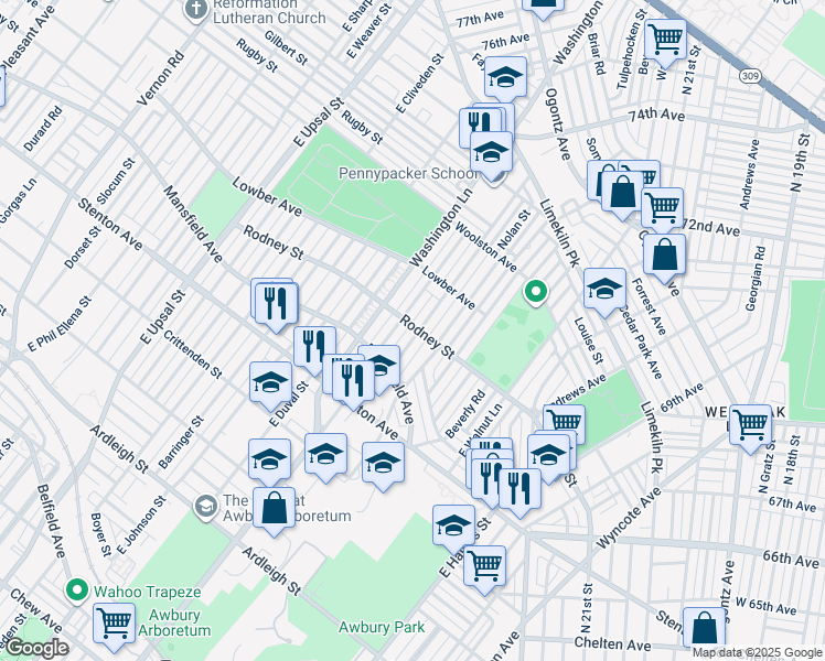 map of restaurants, bars, coffee shops, grocery stores, and more near 1559 Mohican Street in Philadelphia