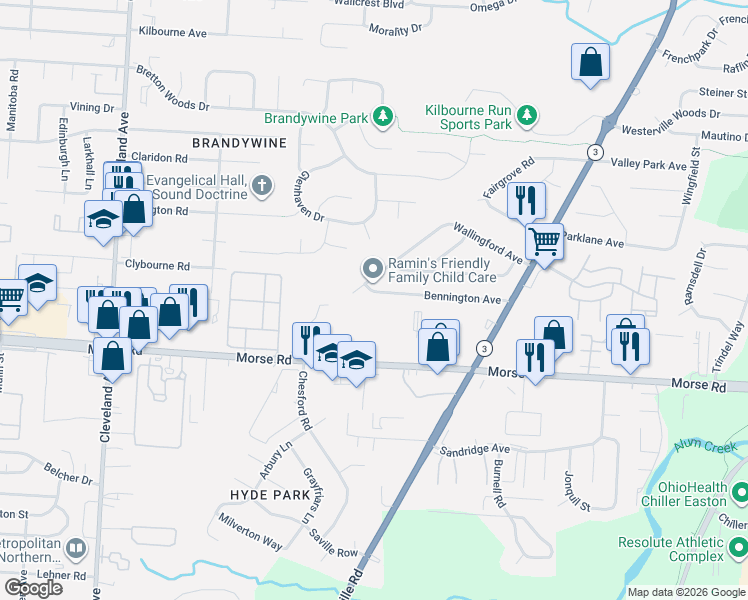 map of restaurants, bars, coffee shops, grocery stores, and more near in Columbus