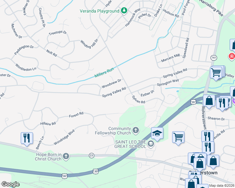 map of restaurants, bars, coffee shops, grocery stores, and more near 625 Springton Way in Lancaster
