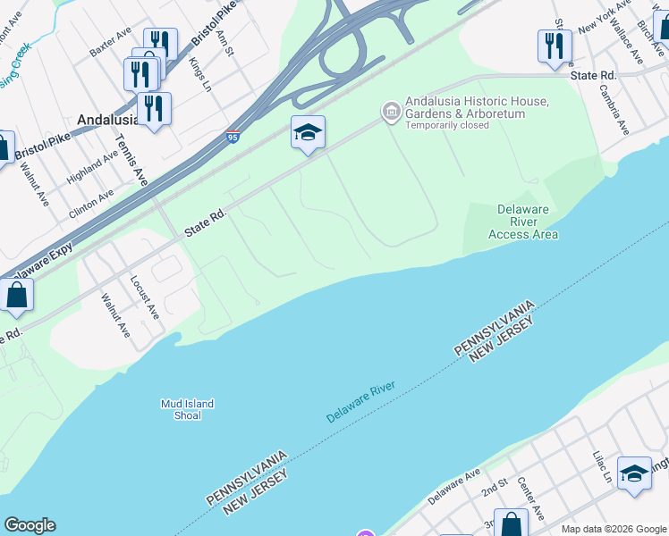 map of restaurants, bars, coffee shops, grocery stores, and more near 1101 State Road in Bensalem