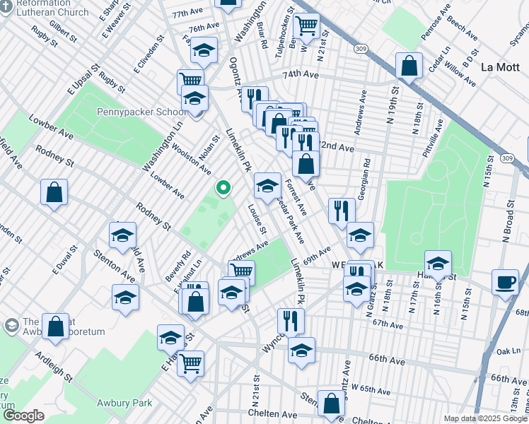 map of restaurants, bars, coffee shops, grocery stores, and more near 7100 Limekiln Pike in Philadelphia