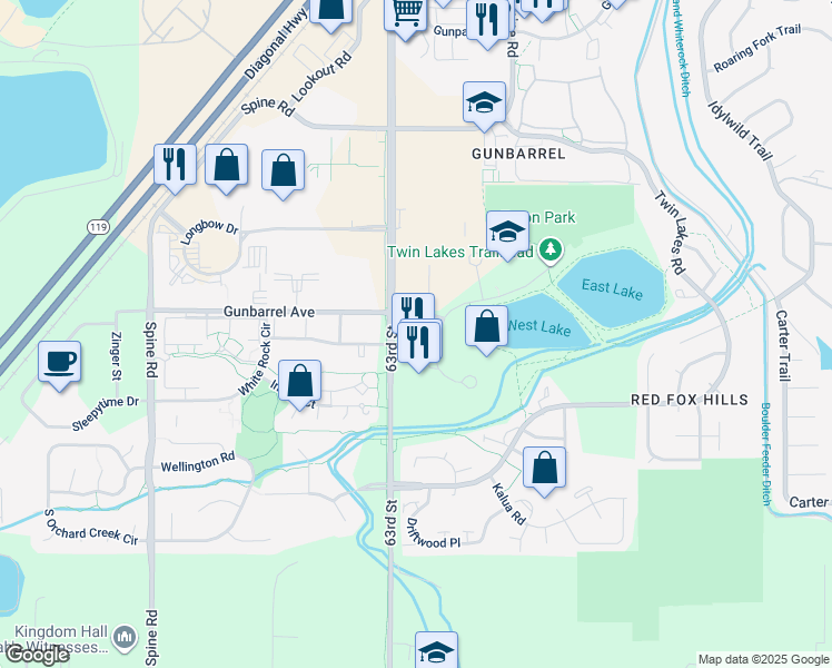 map of restaurants, bars, coffee shops, grocery stores, and more near 4725 Nautilus Court South in Boulder