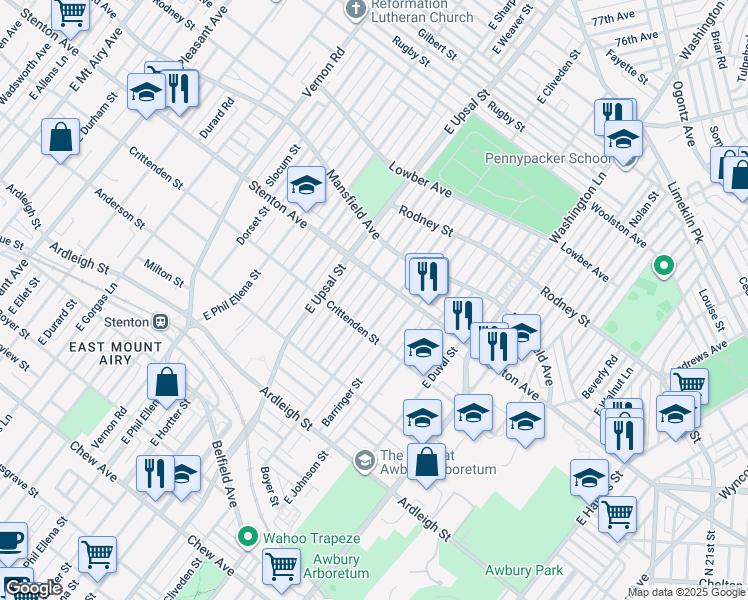 map of restaurants, bars, coffee shops, grocery stores, and more near 1322 East Cardeza Street in Philadelphia