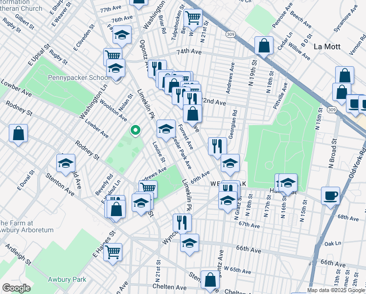 map of restaurants, bars, coffee shops, grocery stores, and more near 7023 Cedar Park Avenue in Philadelphia