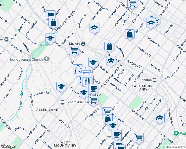 map of restaurants, bars, coffee shops, grocery stores, and more near 112 East Mount Airy Avenue in Philadelphia