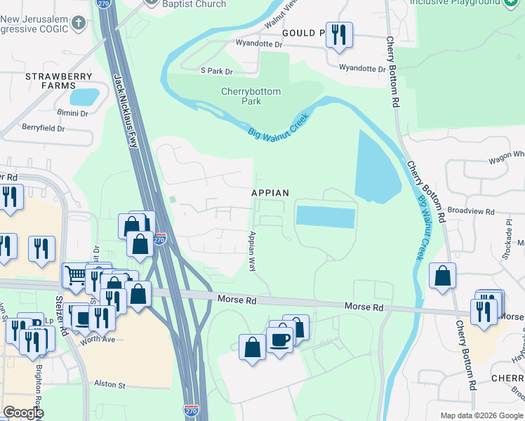 map of restaurants, bars, coffee shops, grocery stores, and more near 4130 Appian Way Court in Columbus