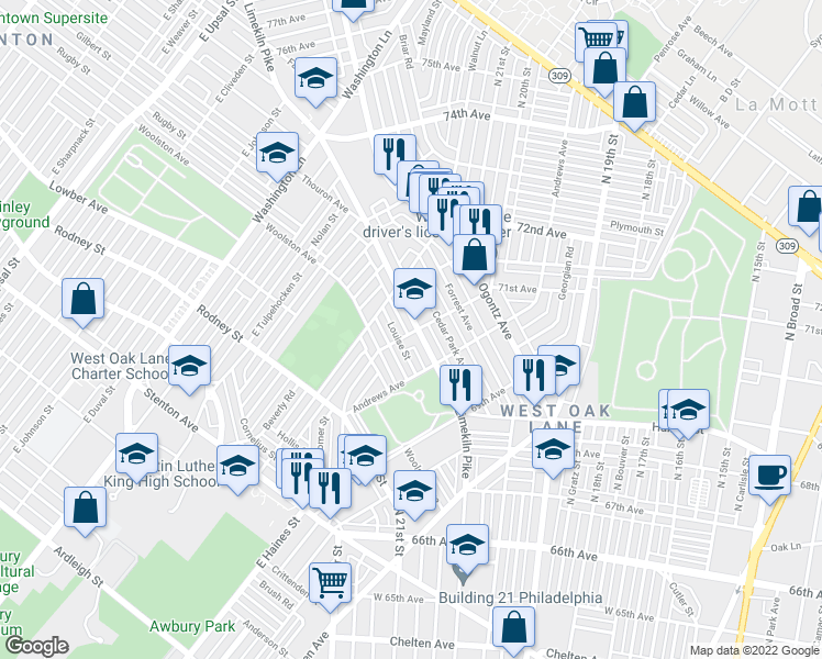 map of restaurants, bars, coffee shops, grocery stores, and more near 7100 Limekiln Pike in Philadelphia