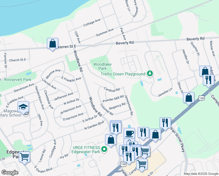 map of restaurants, bars, coffee shops, grocery stores, and more near 106 Sunset Lane in Edgewater Park