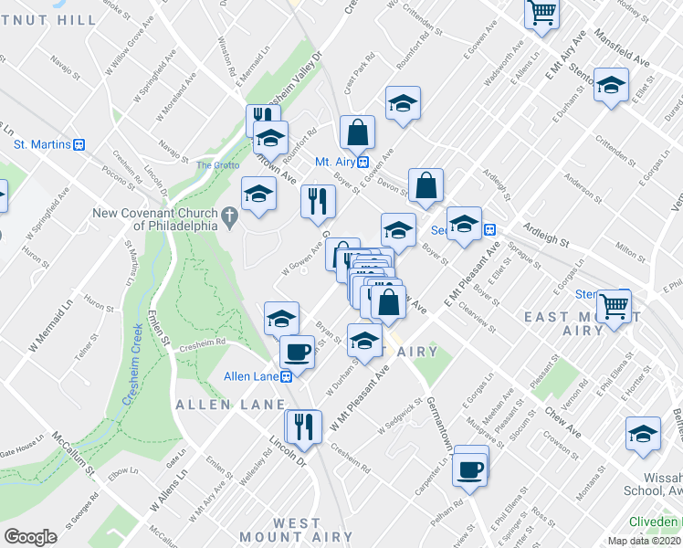 map of restaurants, bars, coffee shops, grocery stores, and more near 7300 Germantown Avenue in Philadelphia