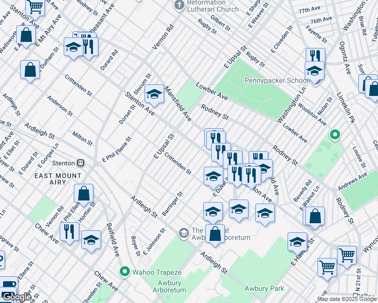 map of restaurants, bars, coffee shops, grocery stores, and more near 1322 East Cardeza Street in Philadelphia