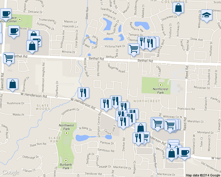 map of restaurants, bars, coffee shops, grocery stores, and more near 2190 Country Corner Drive in Columbus