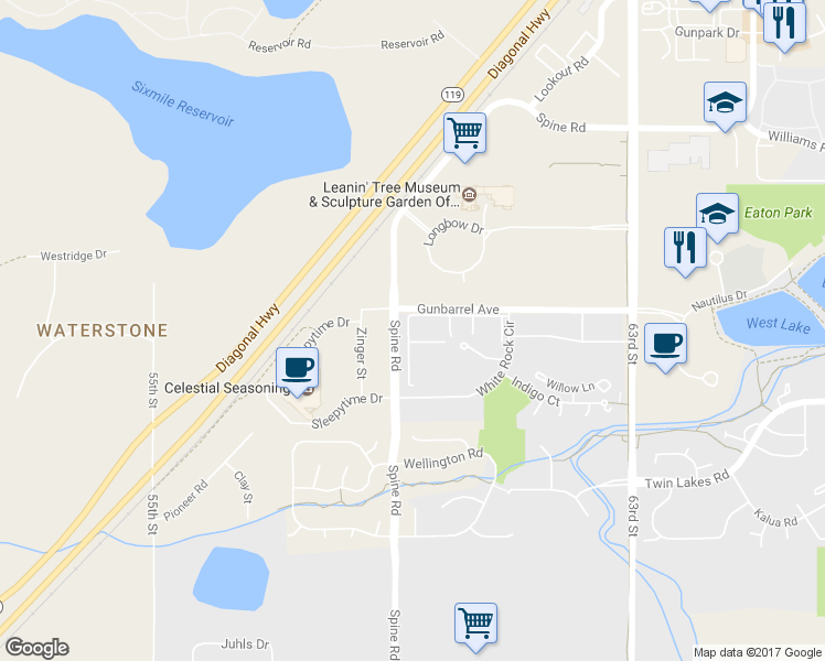 map of restaurants, bars, coffee shops, grocery stores, and more near 5924 Gunbarrel Avenue in Boulder