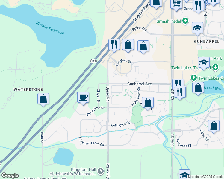 map of restaurants, bars, coffee shops, grocery stores, and more near 5924 Gunbarrel Avenue in Boulder