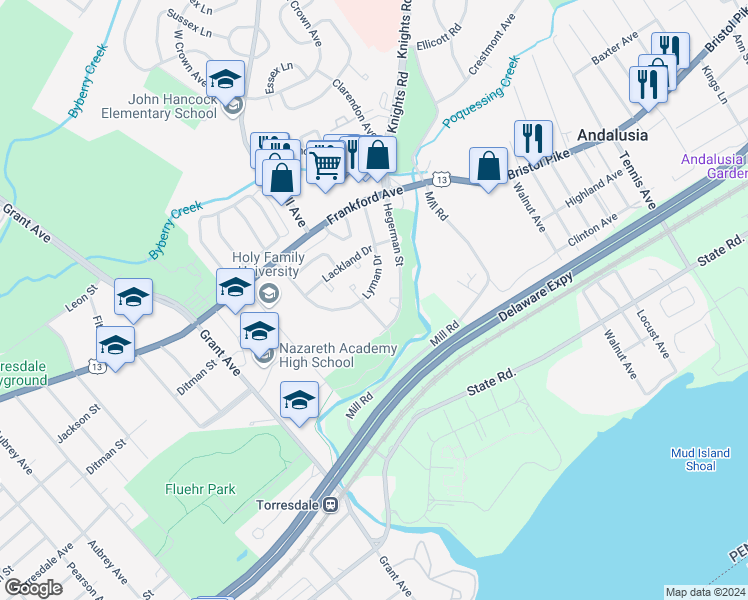 map of restaurants, bars, coffee shops, grocery stores, and more near 4258 Carteret Drive in Philadelphia