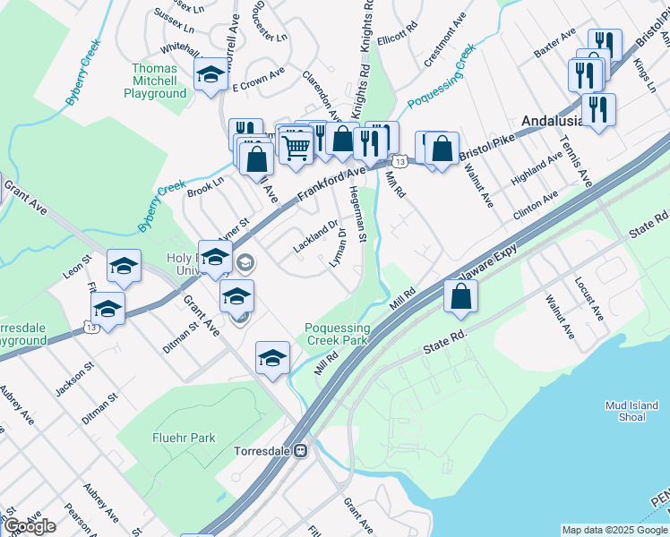 map of restaurants, bars, coffee shops, grocery stores, and more near 4258 Carteret Drive in Philadelphia