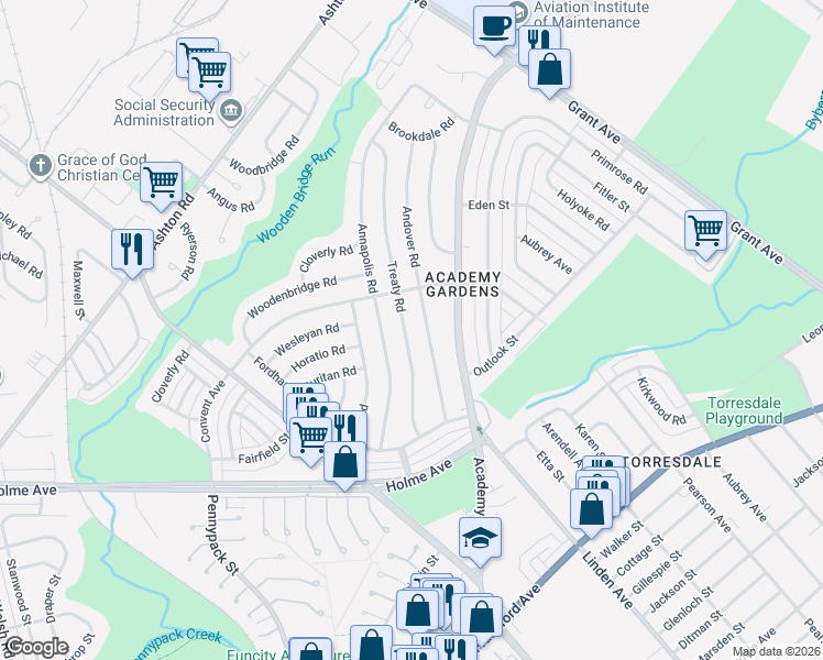 map of restaurants, bars, coffee shops, grocery stores, and more near 9239 Annapolis Road in Philadelphia