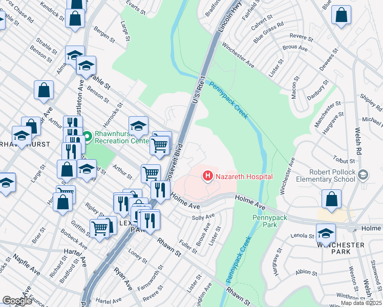 map of restaurants, bars, coffee shops, grocery stores, and more near 8301 Roosevelt Boulevard in Philadelphia