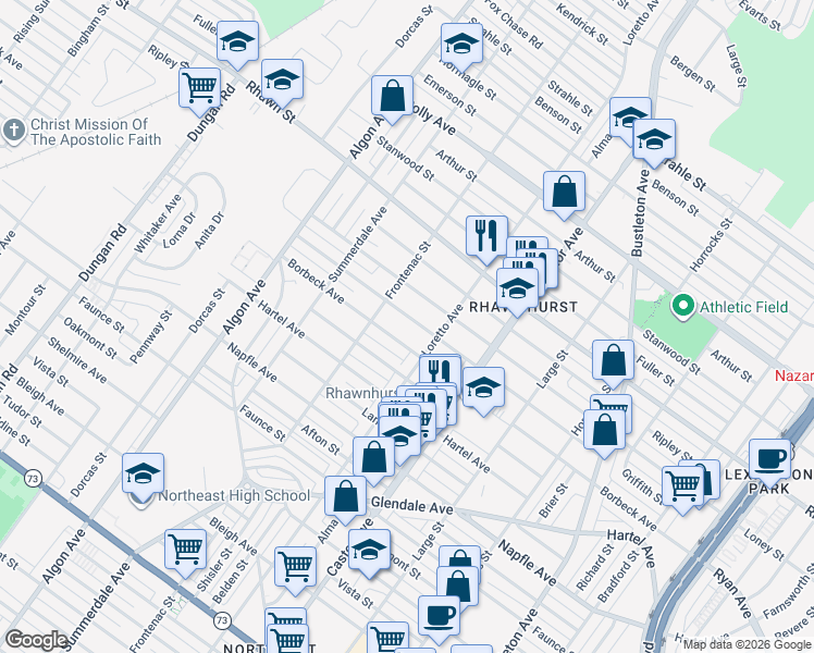 map of restaurants, bars, coffee shops, grocery stores, and more near 7906 Loretto Avenue in Philadelphia