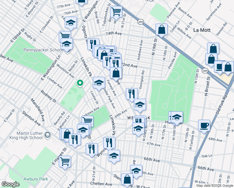 map of restaurants, bars, coffee shops, grocery stores, and more near 6949 Forrest Avenue in Philadelphia