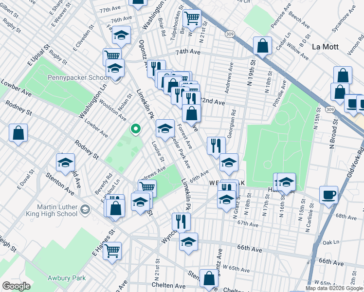 map of restaurants, bars, coffee shops, grocery stores, and more near 7000 Cedar Park Avenue in Philadelphia