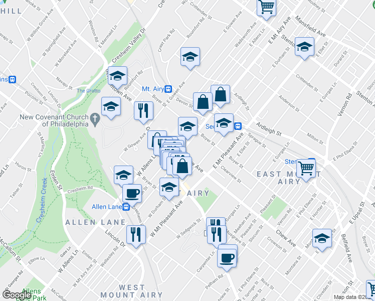 map of restaurants, bars, coffee shops, grocery stores, and more near 7129 Chew Avenue in Philadelphia