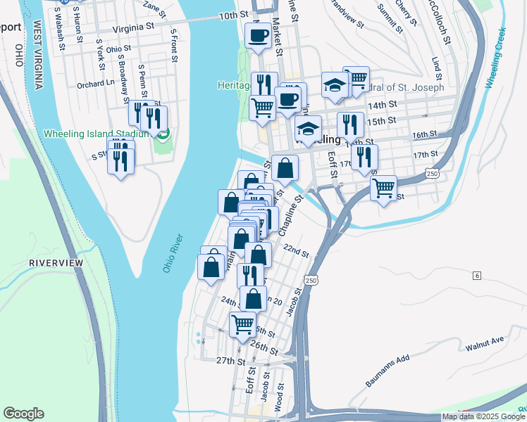 map of restaurants, bars, coffee shops, grocery stores, and more near 2141 Market Street in Wheeling