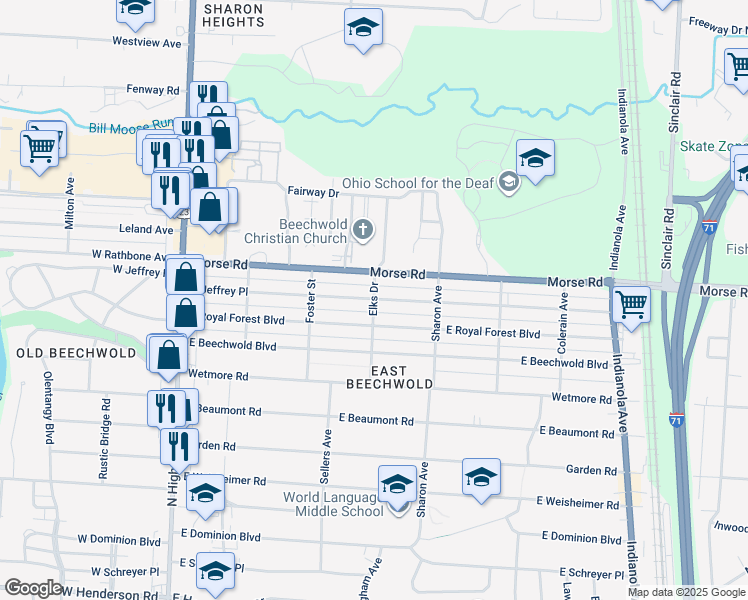 map of restaurants, bars, coffee shops, grocery stores, and more near 296 East Royal Forest Boulevard in Columbus